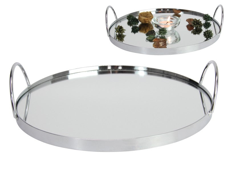 ROUND MIRRORED TRAY WITH HANDLES - 25CM